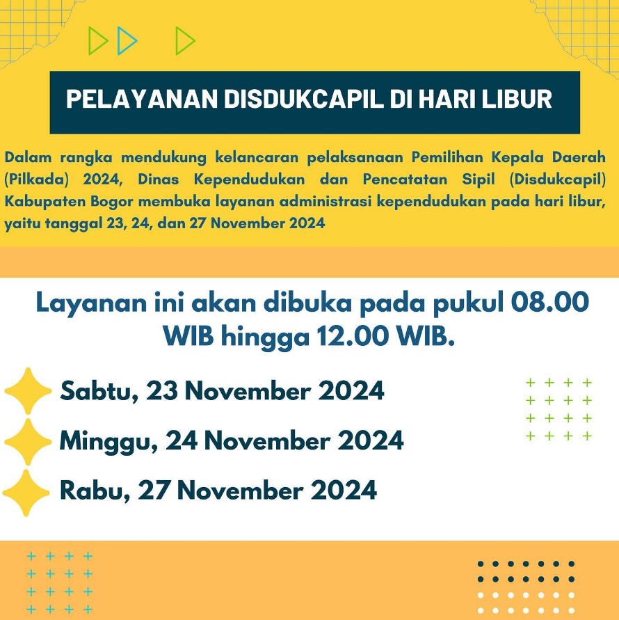 Dinas Kependudukan dan Pencatatan Sipil (Disdukcapil) Kabupaten Bogor membuka layanan administrasi kependudukan pada hari libur